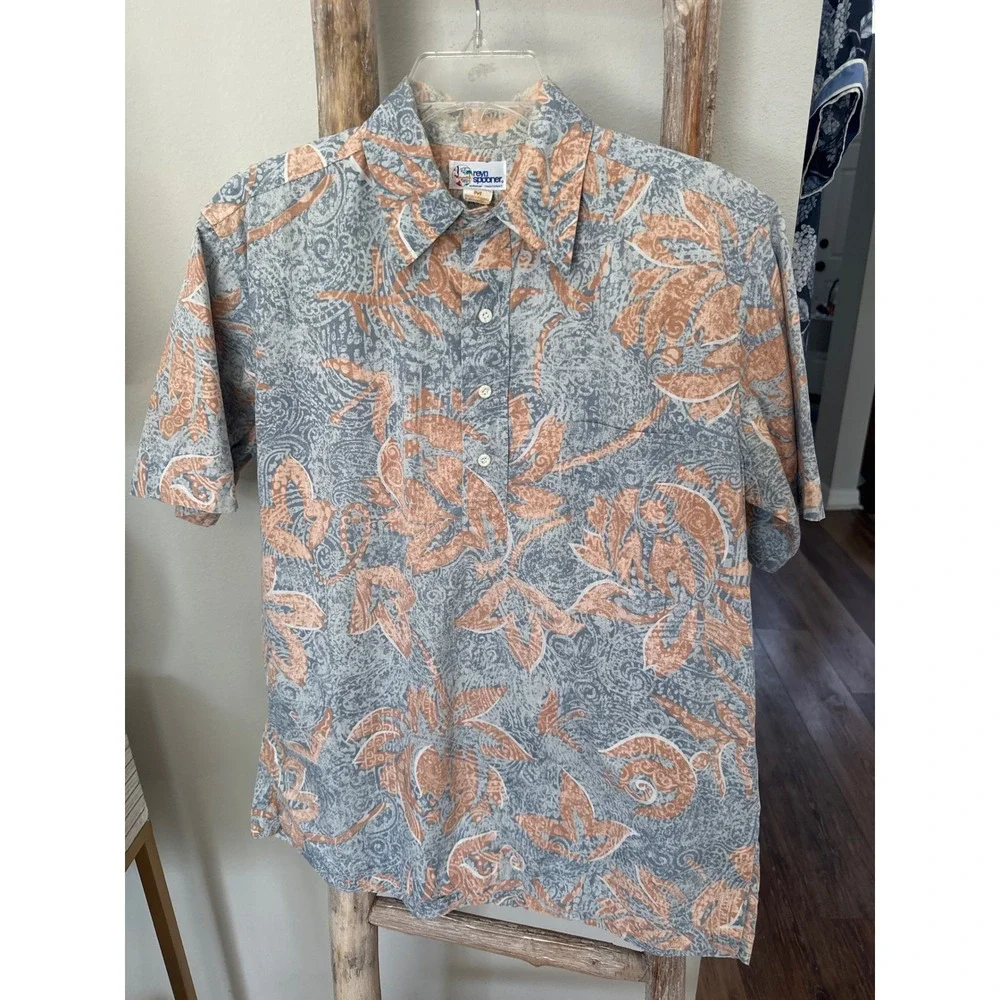Vintage Reyn Spooner Hawaiian button-down‎ top reverse-print floral orange gray